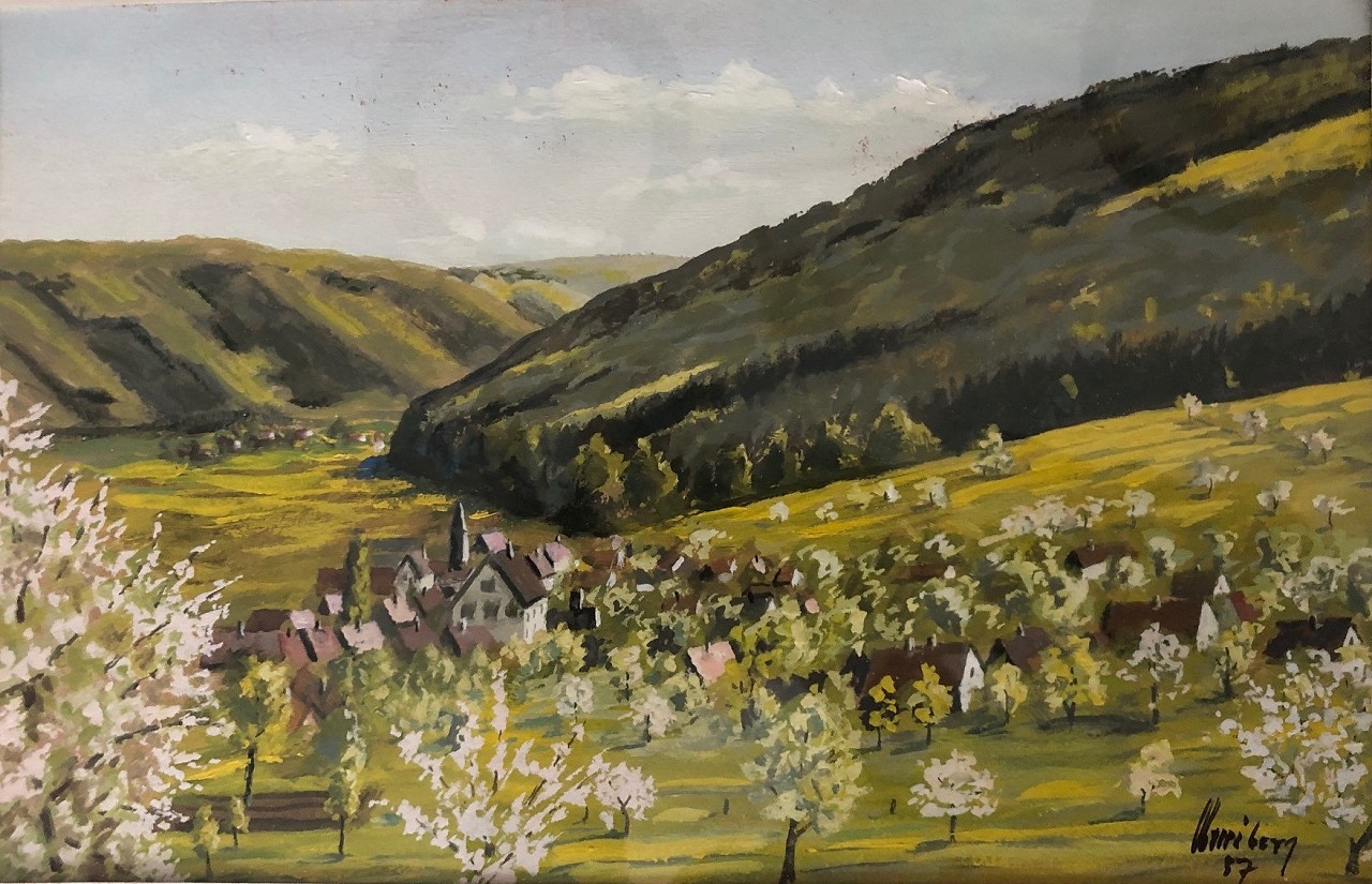 Schirnberg - Aquarell von 1947 - Vorfrhling im Maintal im Mai - Ansicht von oberhalb der Heckenwiese, Privatbesitz: Germana Ullrich, Wombach, zum Vergrern anklicken